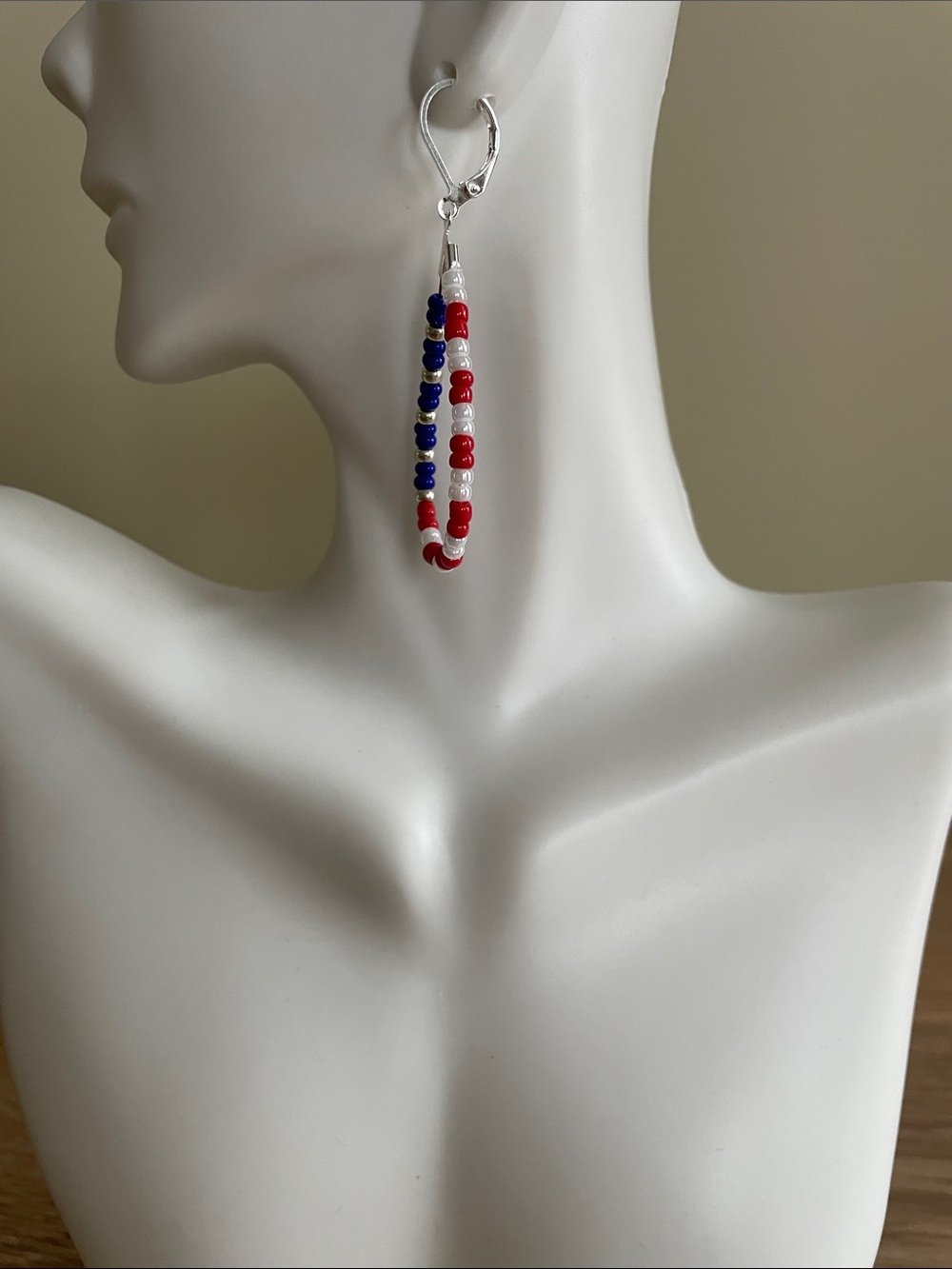 HAND CRAFTED PATRIOTIC BEADED TEARDROP HOOP EARRINGS Red White Blue 4th of July - Picture 5 of 9